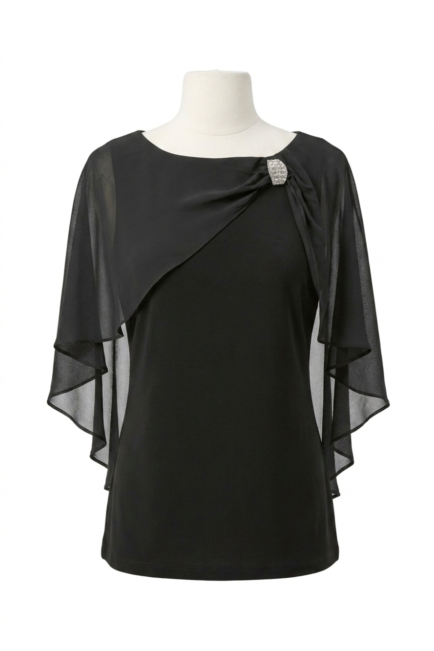 NEW JOSEPH RIBKOFF rhinestone brooch chiffon cape overlay top in black
